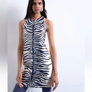 TOPSHOP Halter Neck Structured Sleeveless  Zebra Print Mini Dress sz6 Blue/White